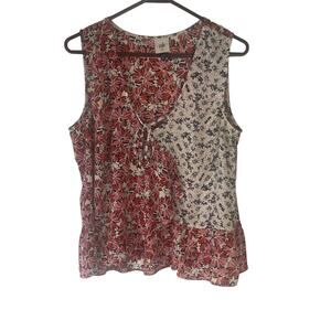 Cabi Women's Size Medium Floral Daisy Red Pink Ruffle Wrap Sleeveless Top‎